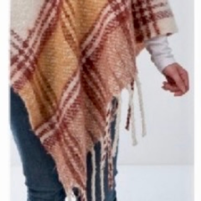 Simply Noelle Thick Plaid Poncho Fringe Burgundy