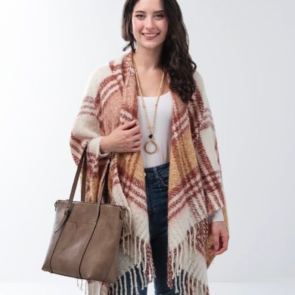 Simply Noelle Thick Plaid Hooded Wrap Burgundy. Perfect for fall and winter warmth. Simply Noelle Thick Plaid Hooded Wrap Burgundy