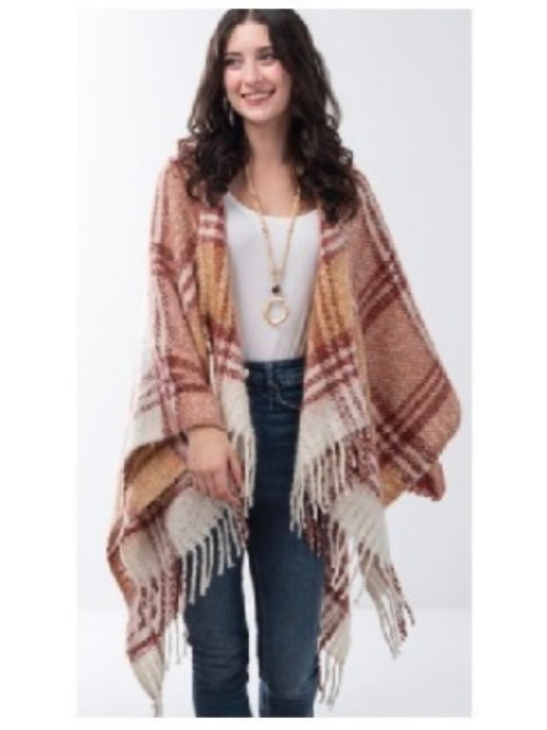 Simply Noelle Plaid Hooded Wrap available in Burgundy or steel.
