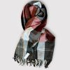 Large Plaid Scarf Wrap with Armholes by Simply Noelle in Burgundy showing fringe.
