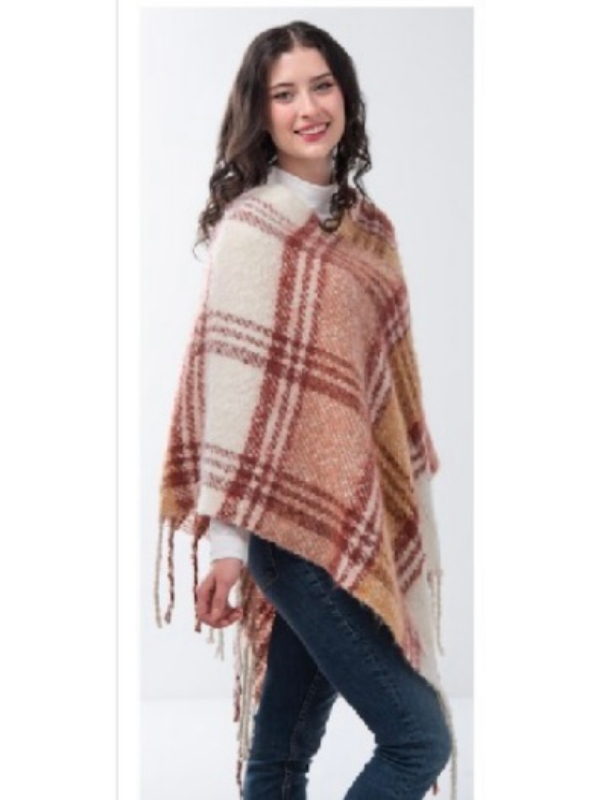 Simply Noelle Thick Plaid Poncho Burgundy Side View