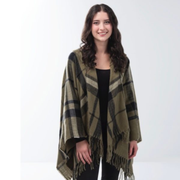 Windowpane Plaid Hooded Wrap by Simply Noelle shown in Olive. Windowpane Plaid Hooded Wrap by Simply Noelle